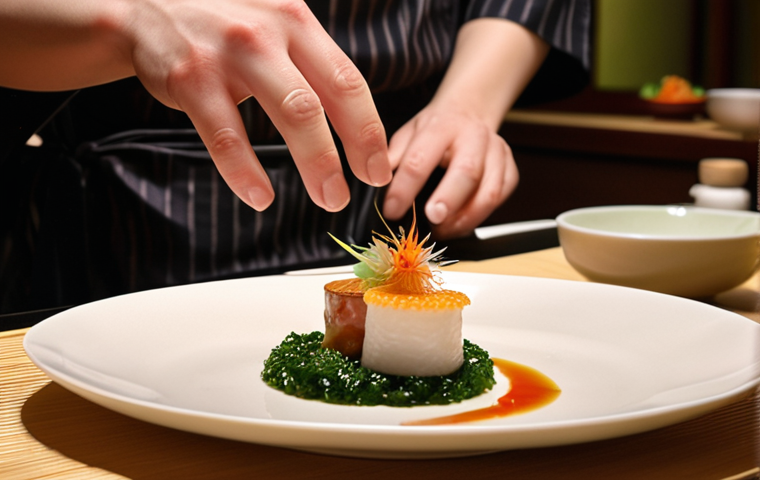 **

A beautifully plated multi-course Japanese meal in a high-end restaurant setting. Focus on seasonal ingredients and the artistic presentation. Consider elements like delicate porcelain, fresh flowers, and soft lighting. The ambiance should be calm and refined, reflecting Japanese aesthetics. Perhaps include a glimpse of a skilled chef in the background meticulously preparing a dish. Keywords: fine dining, Japanese cuisine, seasonal, artful presentation, elegant ambiance.

**