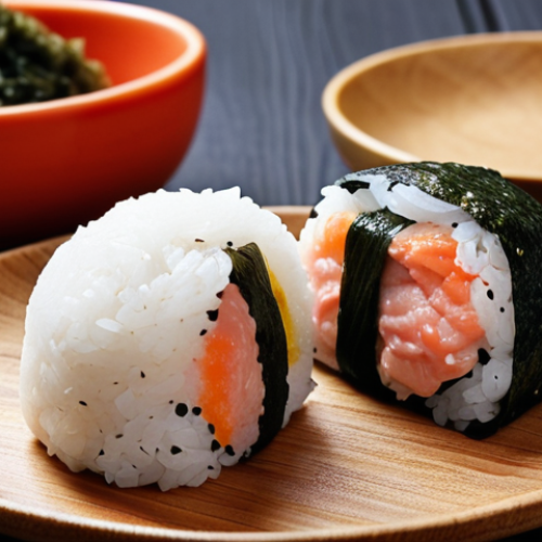 Home 14 **Onigiri close-up:** A brightly lit shot of two Onigiri, one with tuna mayo filling and the other with umeboshi. Focus on the texture of the rice and the nori seaweed wrapper. Place them on a simple wooden plate.