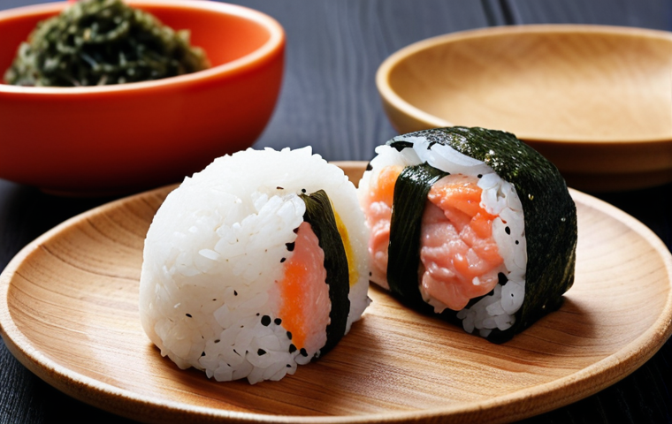 **Onigiri close-up:** A brightly lit shot of two Onigiri, one with tuna mayo filling and the other with umeboshi. Focus on the texture of the rice and the nori seaweed wrapper. Place them on a simple wooden plate.