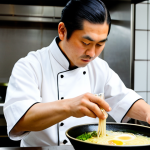 A professional Japanese Ramen chef, fully clothed in a clean, modest chef's uniform, carefully arranging perfect ajitama egg slices and tender chashu pork over steaming, perfectly cooked ramen noodles in a deep, rich Tonkotsu broth. The setting is a traditional, clean ramen bar kitchen with soft ambient light. The focus is on their well-formed hands and the precise artistry of preparation. Safe for work, appropriate content, fully clothed, professional, perfect anatomy, correct proportions, natural pose, well-formed hands, proper finger count, natural body proportions, professional photography, high quality, detailed, natural lighting.