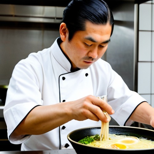 Home 7 A professional Japanese Ramen chef, fully clothed in a clean, modest chef's uniform, carefully arranging perfect ajitama egg slices and tender chashu pork over steaming, perfectly cooked ramen noodles in a deep, rich Tonkotsu broth. The setting is a traditional, clean ramen bar kitchen with soft ambient light. The focus is on their well-formed hands and the precise artistry of preparation. Safe for work, appropriate content, fully clothed, professional, perfect anatomy, correct proportions, natural pose, well-formed hands, proper finger count, natural body proportions, professional photography, high quality, detailed, natural lighting.