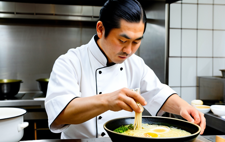A professional Japanese Ramen chef, fully clothed in a clean, modest chef's uniform, carefully arranging perfect ajitama egg slices and tender chashu pork over steaming, perfectly cooked ramen noodles in a deep, rich Tonkotsu broth. The setting is a traditional, clean ramen bar kitchen with soft ambient light. The focus is on their well-formed hands and the precise artistry of preparation. Safe for work, appropriate content, fully clothed, professional, perfect anatomy, correct proportions, natural pose, well-formed hands, proper finger count, natural body proportions, professional photography, high quality, detailed, natural lighting.