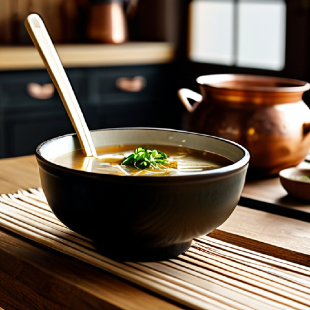 Miso Soup Still Life**
"A rustic wooden table setting featuring a bowl of steaming miso soup, carefully garnished with scallions and tofu. A small dish of grated ginger and a wooden spoon rest beside the bowl. Background includes a blurred glimpse of a traditional German kitchen with copper pots hanging. Natural light, warm tones, professional food photography, high resolution, safe for work, appropriate content, fully clothed, family-friendly."
**