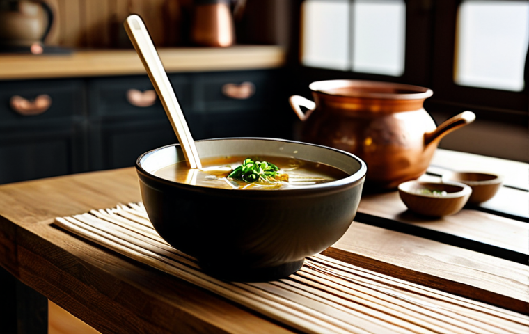 Miso Soup Still Life**

"A rustic wooden table setting featuring a bowl of steaming miso soup, carefully garnished with scallions and tofu. A small dish of grated ginger and a wooden spoon rest beside the bowl. Background includes a blurred glimpse of a traditional German kitchen with copper pots hanging. Natural light, warm tones, professional food photography, high resolution, safe for work, appropriate content, fully clothed, family-friendly."

**