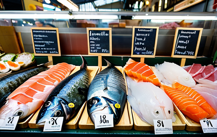 Fresh Fish Display**

"A vibrant display of various types of sashimi-grade fish at a Wochenmarkt (farmers market) in Berlin. Focus on showcasing Tuna, Salmon, and Dorade, each with a label indicating sustainable sourcing. Fish are glistening and fresh, arranged on ice. In the background, blurred shoppers browse other stalls. Focus on detail and high resolution. safe for work, appropriate content, fully clothed (referring to any background people), professional, modest, perfect anatomy, natural proportions, well-formed hands, proper finger count, family-friendly."

**