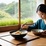 Home 14 일본식 건강식 소개 - **Mindful Japanese Dining Experience:**
"A cozy, brightly lit dining area in a modern, minimalis...
