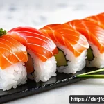 Home 17 스시용 생선 종류 - A close-up, high-resolution image of a gourmet sushi platter featuring fresh salmon nigiri with a de...