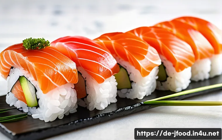 스시용 생선 종류 - A close-up, high-resolution image of a gourmet sushi platter featuring fresh salmon nigiri with a de...