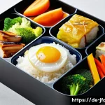 Home 19 일본 편의점 먹거리 - A vibrant and meticulously arranged Japanese convenience store Bento box featuring a variety of fres...
