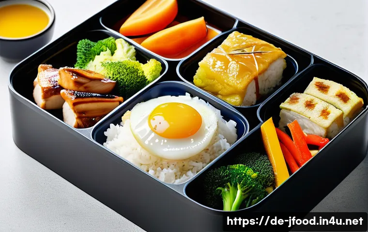 일본 편의점 먹거리 - A vibrant and meticulously arranged Japanese convenience store Bento box featuring a variety of fres...