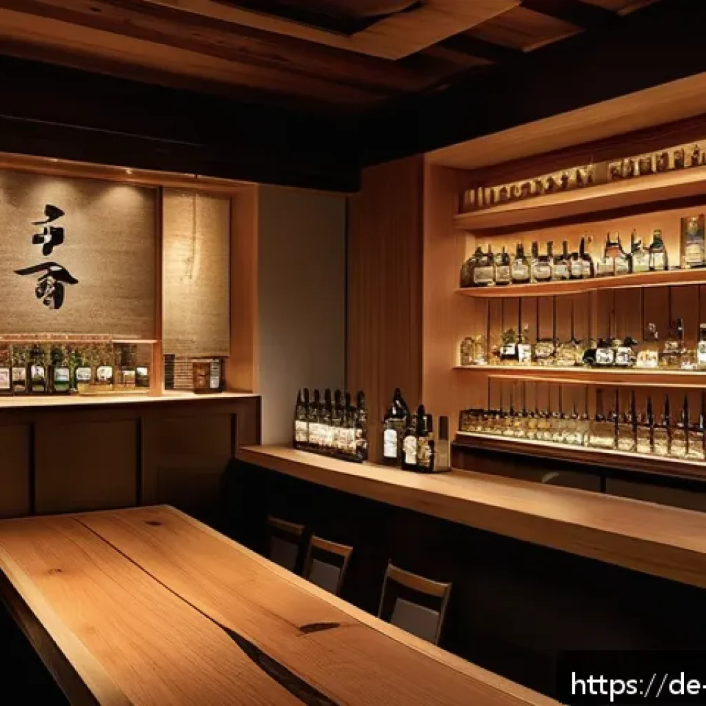 일본 술 전문점 소개 - A cozy, stylish sake bar interior in Berlin featuring wooden paneling, soft warm lighting, and elega...