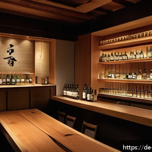Home 17 일본 술 전문점 소개 - A cozy, stylish sake bar interior in Berlin featuring wooden paneling, soft warm lighting, and elega...