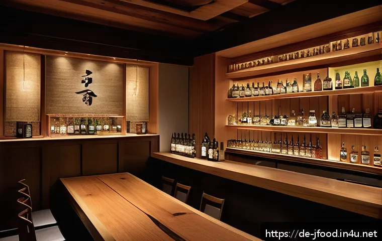 일본 술 전문점 소개 - A cozy, stylish sake bar interior in Berlin featuring wooden paneling, soft warm lighting, and elega...