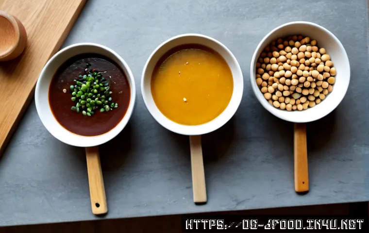 일본 된장의 종류와 차이 - Photorealistic overhead comparison of three small unbranded ceramic bowls containing distinct Japane...