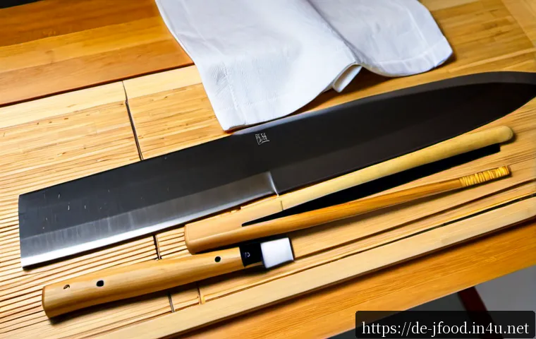 일본 스시 셰프 도구 - Photorealistic overhead still life of essential Japanese sushi chef tools neatly arranged on a pale ...