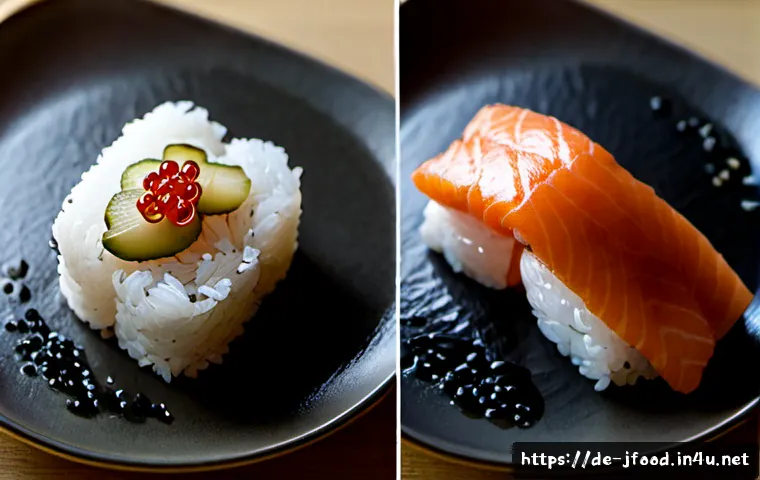 초밥 밥알의 비율 - Photorealistic overhead food composition showing two handmade nigiri sushi pieces on a clean dark ce...