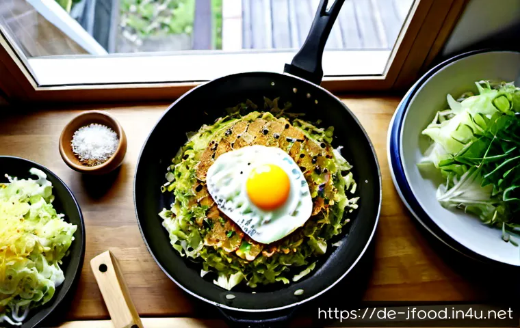 오코노미야키 만드는 법 - Photorealistic overhead cooking scene of homemade okonomiyaki in a bright German home kitchen, a sav...